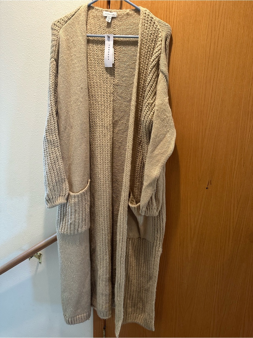 Topshop Long Open-Front Cream Knit Cardigan